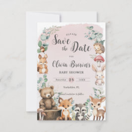 Niedliche Waldtiere Grünpflanzen Pink Babydusche Save The Date