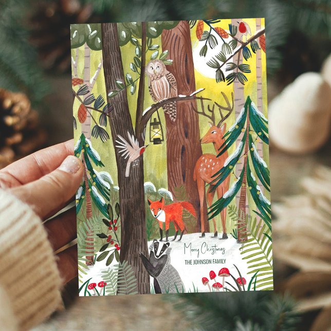 Niedliche Waldtiere Grünwald Weihnachten (Green forest with woodland animals Christmas Holiday Card)