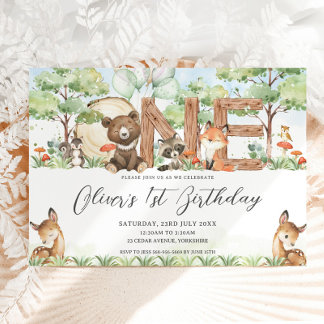Niedliche Waldtiere Holz 1. Geburtstag Einladung