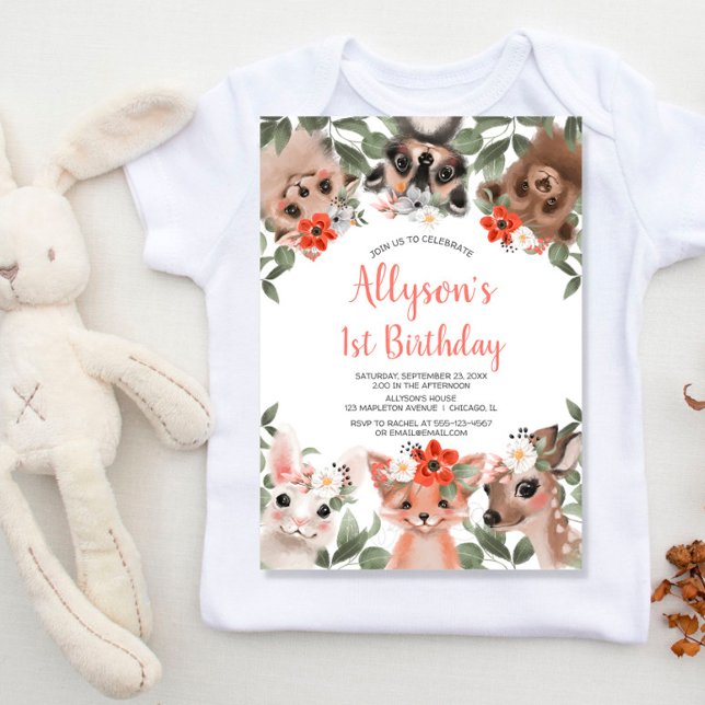 Niedliche Waldtiere Mädchen 1. Geburtstag Party Einladung (Von Creator hochgeladen)