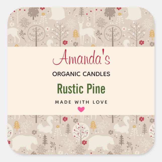 Niedliche Waldtiere Nordic Muster Candle Quadratischer Aufkleber (Vorderseite)