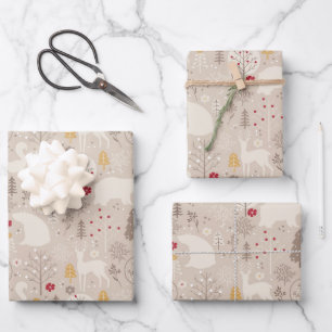Niedliche Waldtiere Nordic Muster Weihnachten Geschenkpapier Set