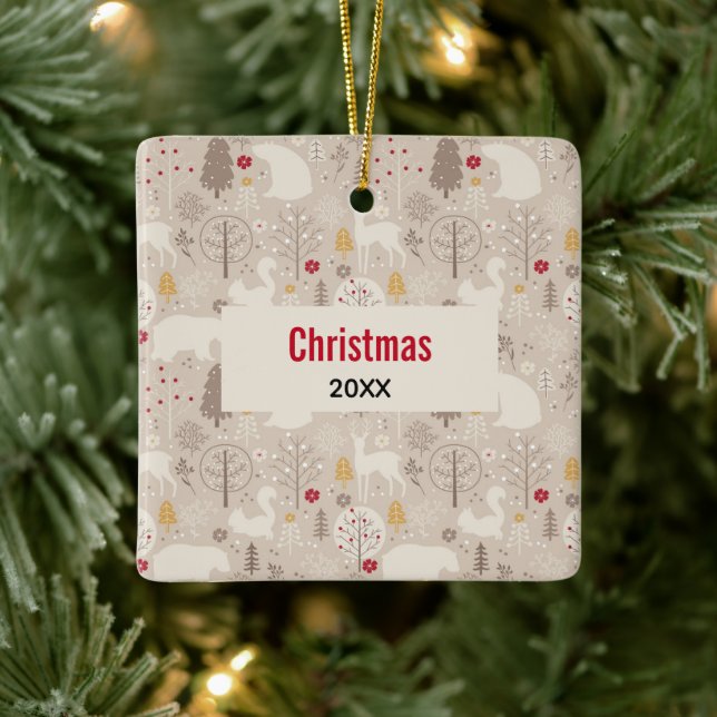 Niedliche Waldtiere Nordic Muster Weihnachten Keramikornament (Baum)