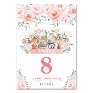 Niedliche Waldtiere Pastellfarben Pink Floral Baby Tischnummer