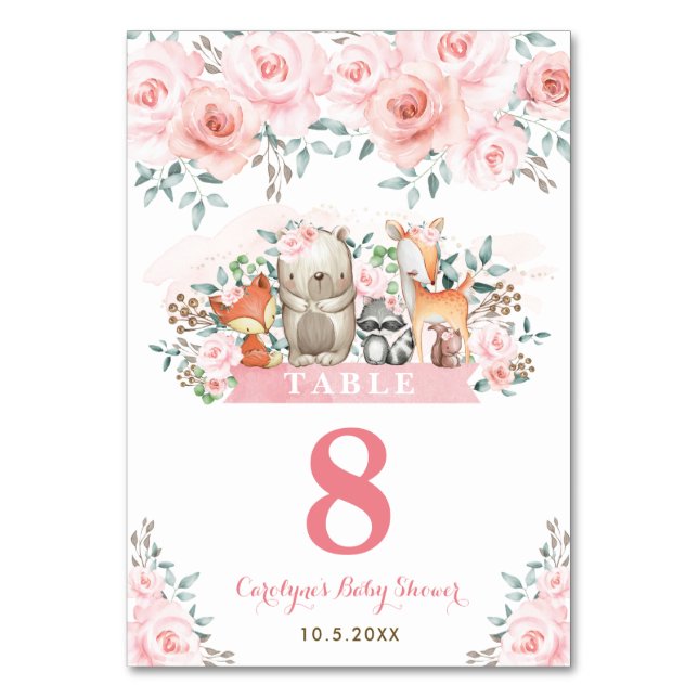Niedliche Waldtiere Pastellfarben Pink Floral Baby Tischnummer (Vorderseite)