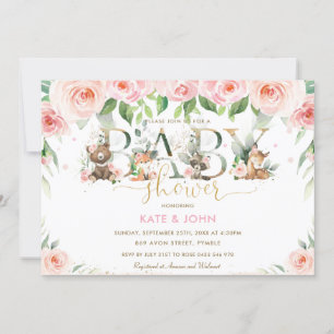 Niedliche Waldtiere Pink Floral Baby Shower Girl Einladung