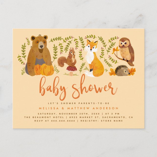 Niedliche Waldtiere Pumpkin Baby Dusche Einladungspostkarte (Vorderseite)