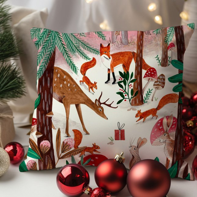 Niedliche Waldtiere, rosa und grüne Wälder Kissen (Cute Woodland animals pink and green forest Throw Pillow)