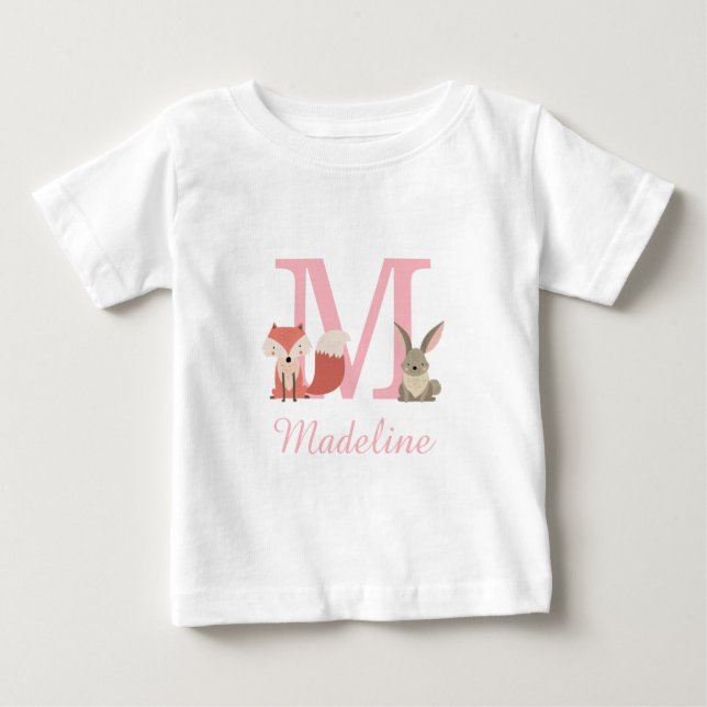 Niedliche Waldtiere Waldtiere Rosa Monogramm Baby T-shirt (Vorderseite)