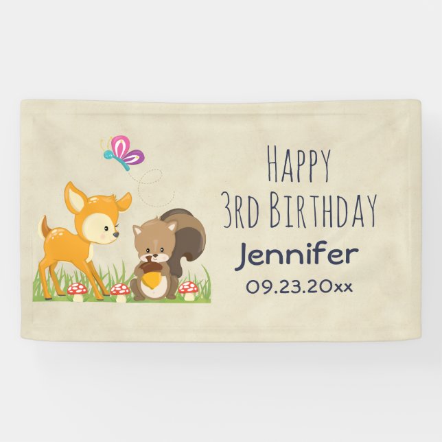 Niedliche Waldtiere Whimsischer Cartoon Geburtstag Banner (Horizontal)