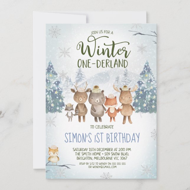 Niedliche Waldtiere Winter Onederland Geburtstag Einladung (Vorderseite)