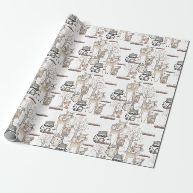 Niedliche Waldwaldbaby-TiereRaccoonfox-Rotwild Geschenkpapier (Ungerollt)