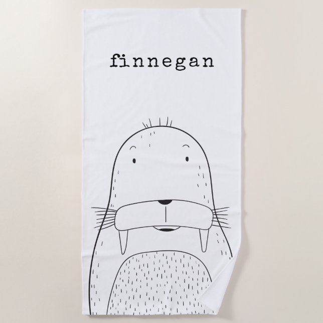 Niedliche Walrus Line Art Zeichnend Personalisiert Strandtuch (Vorderseite)
