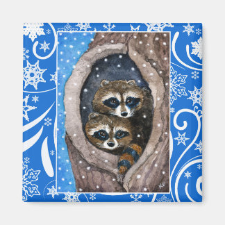 Niedliche Waschbären, Schnee, Weihnachtswinternatu Magnet