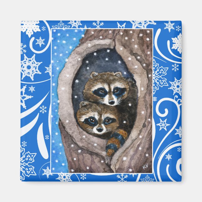 Niedliche Waschbären, Schnee, Weihnachtswinternatu Magnet (Vorne)