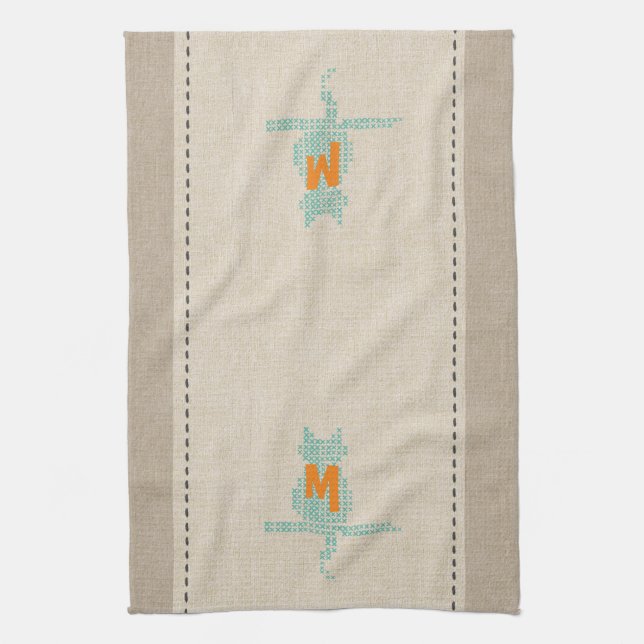 Niedliche Wäsche Aussehen Minze Mit Monogramm Katz Geschirrtuch (Vertikal)