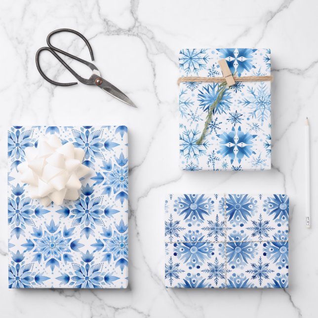 Niedliche Wasserfarbe Blaue Weihnachtsschneeflocke Geschenkpapier Set (Vorderseite)