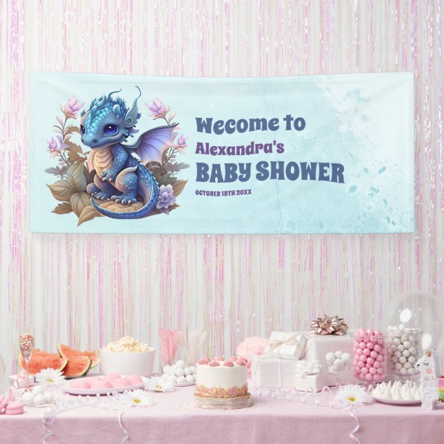 Niedliche Wasserfarbe Blue Dragon Baby Dusche Banner (Party)