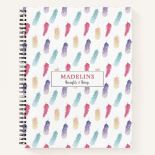 Niedliche Wasserfarbe Boho Feathers Personalisiert Notizbuch