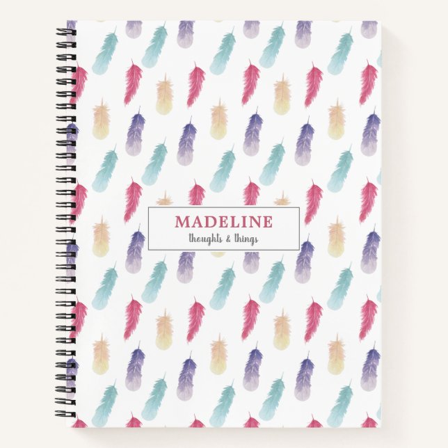 Niedliche Wasserfarbe Boho Feathers Personalisiert Notizbuch (Vorderseite)