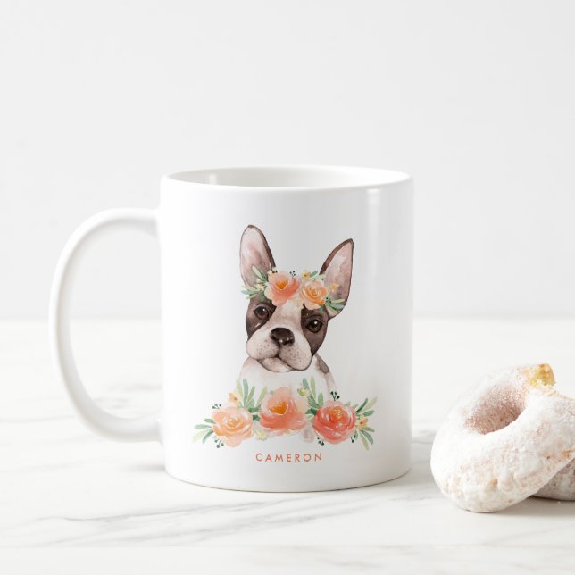 Niedliche Wasserfarbe Boston Terrier Peach Floral Kaffeetasse (Mit Donut)