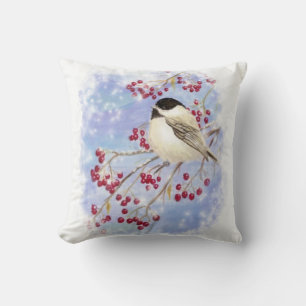 Niedliche Wasserfarbe Chickadee Berries Schneeszen Kissen