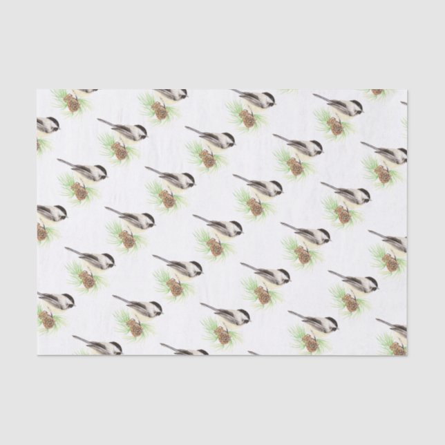 Niedliche Wasserfarbe Chickadee Bird Pine Tree Seidenpapier (Vorderseite)
