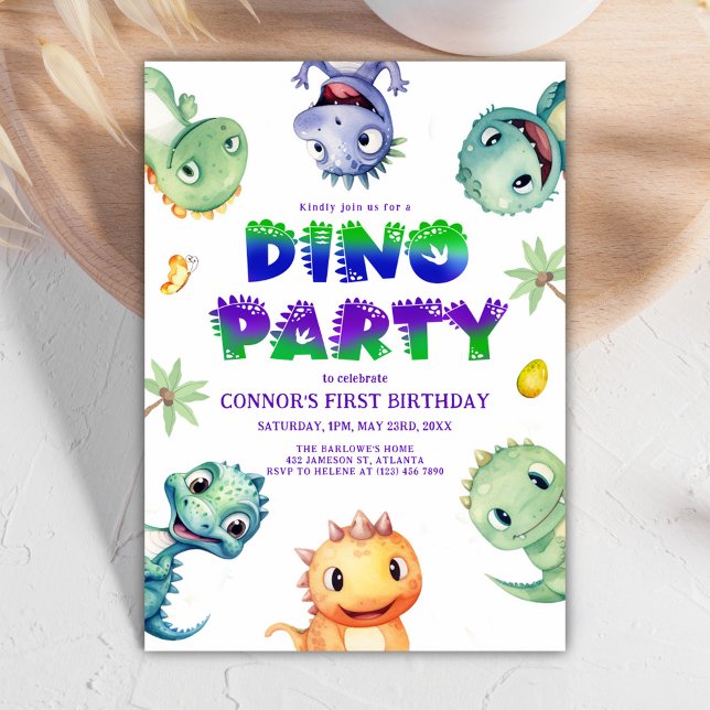 Niedliche Wasserfarbe Dinosaurier Erste Geburtstag Einladung (Cute Watercolor Dinosaur First Birthday Party Invitation)
