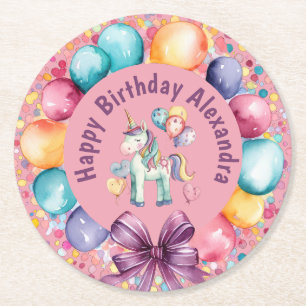 Niedliche Wasserfarbe Einhorn Geburtstag Runder Pappuntersetzer