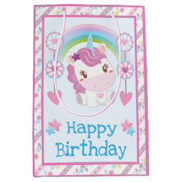 Niedliche Wasserfarbe Einhorn & Regenbogen Geburts Mittlere Geschenktüte