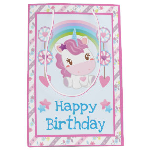 Niedliche Wasserfarbe Einhorn & Regenbogen Geburts Mittlere Geschenktüte