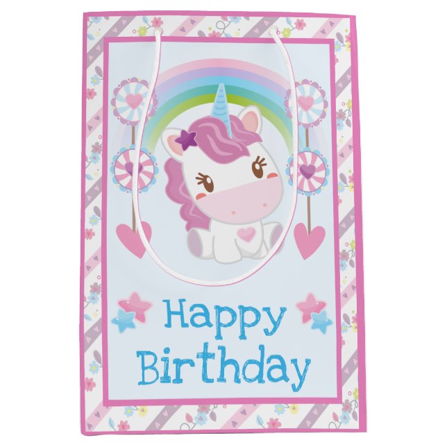 Niedliche Wasserfarbe Einhorn & Regenbogen Geburts Mittlere Geschenktüte (Vorderseite)