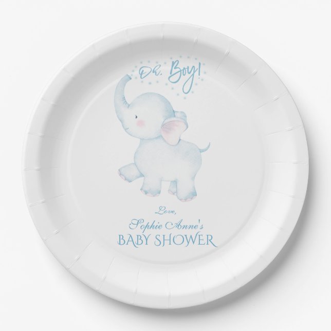 Niedliche Wasserfarbe Elephant Oh Boy Baby Dusche Pappteller (Vorderseite)