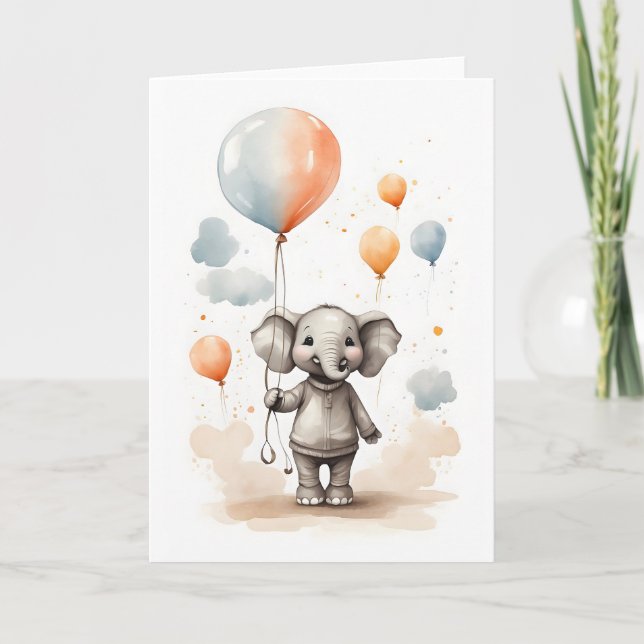 Niedliche Wasserfarbe Elephant Red Blue Balloons B Karte (Vorderseite)
