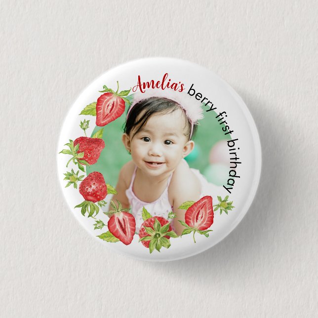 Niedliche Wasserfarbe Erdbeere Berry Erster Geburt Button (Vorderseite)