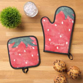 Niedliche Wasserfarbe Erdbeere Ofenhandschuh & Topflappen-Set