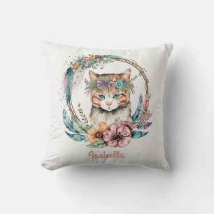 Niedliche Wasserfarbe Floral Boho Katze Kissen