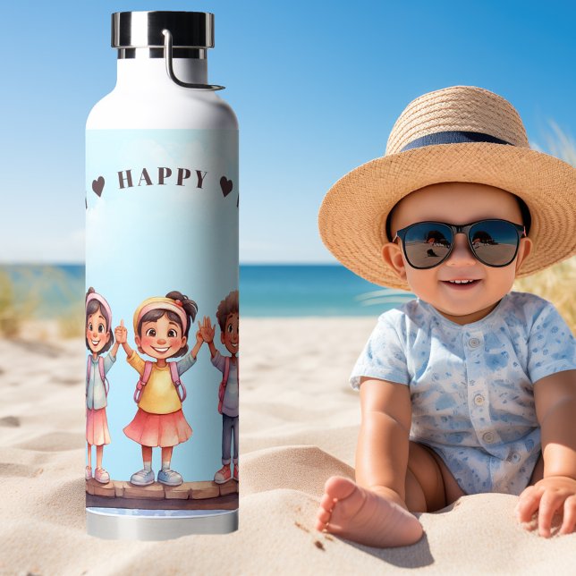 Niedliche Wasserfarbe glückliche Kinder Sommer Trinkflasche (Water bottle featuring a cute watercolor illustration of happy children - teacher - mom - summer)