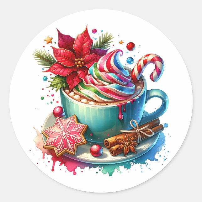 Niedliche Wasserfarbe Heiße Kakao, Candy Canes Wei Runder Aufkleber (Vorderseite)