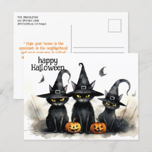 Niedliche Wasserfarbe Hexenkatze Kürbiskins Hallow Postkarte