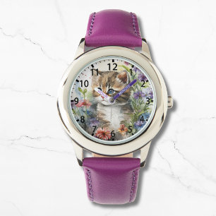 Niedliche Wasserfarbe Katze Hübsche Blume Girl Armbanduhr