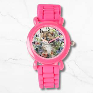 Niedliche Wasserfarbe Katze Hübsche Blume Girl Armbanduhr