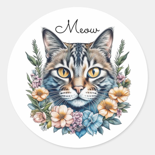 Niedliche Wasserfarbe Katze mit Blume Runder Aufkleber (Vorderseite)