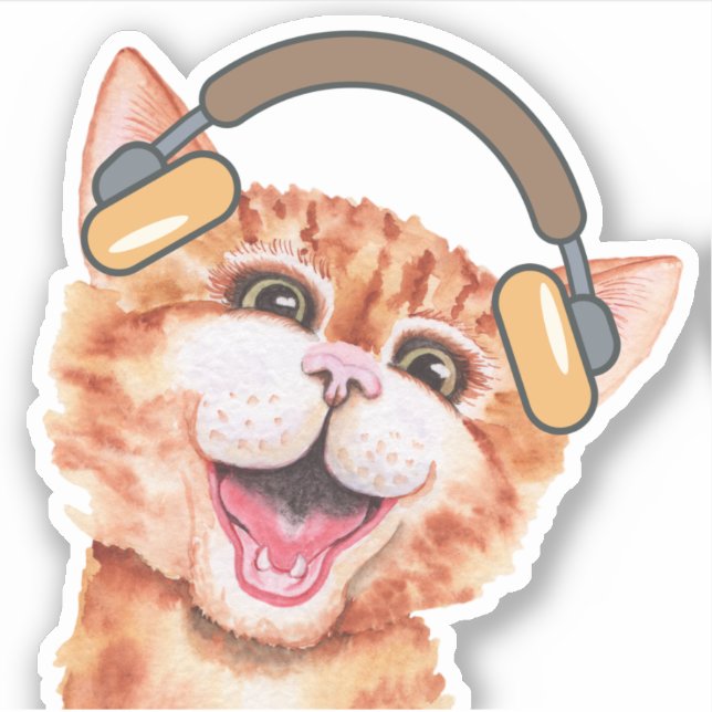 Niedliche Wasserfarbe Katze Musik hören Aufkleber (Vorderseite)