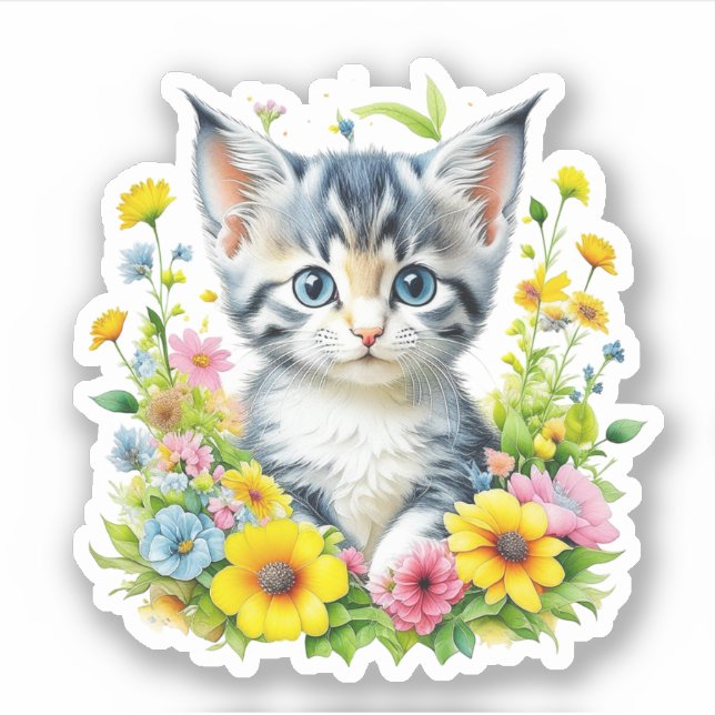 Niedliche Wasserfarbe Kitten in Blume Aufkleber (Vorderseite)
