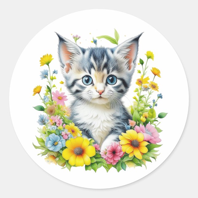 Niedliche Wasserfarbe Kitten in Blume Runder Aufkleber (Vorderseite)