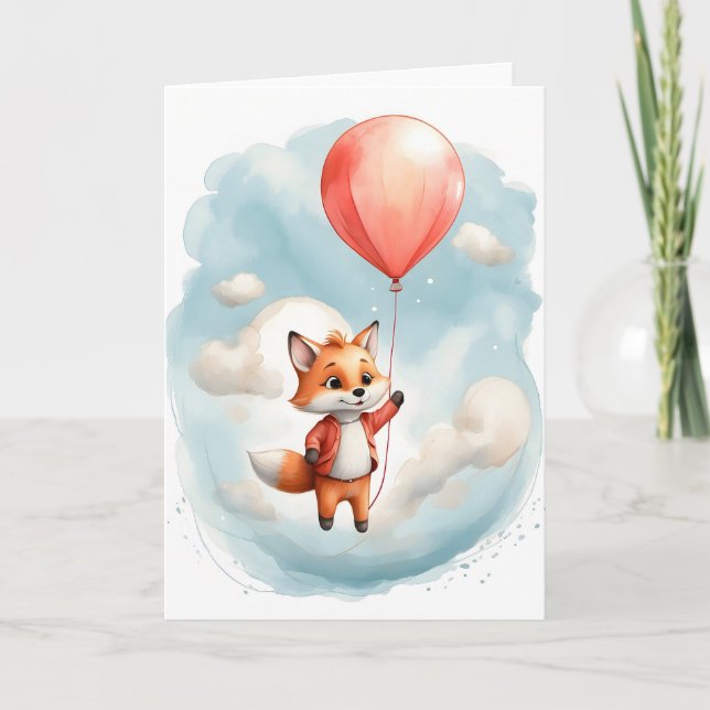 Niedliche Wasserfarbe Kleine Fox Big Red Balloon B Karte (Vorderseite)