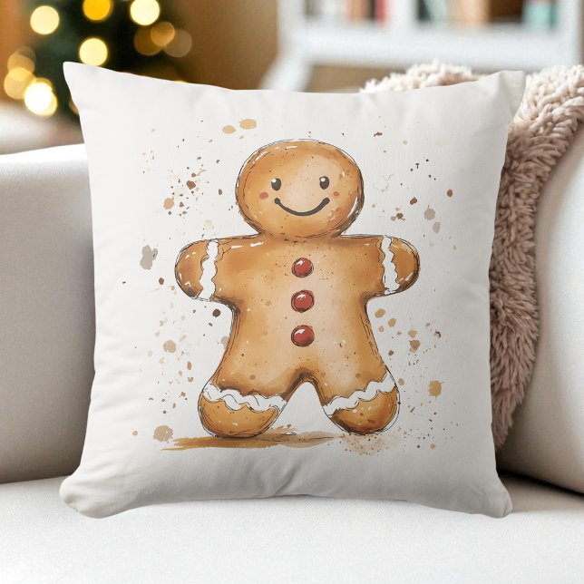 Niedliche Wasserfarbe Lebkuchen Mann Bauernhof Kissen (Cute Watercolor Gingerbread Man Farmhouse Holiday Throw Pillow)
