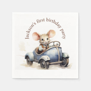 Niedliche Wasserfarbe Maus in Blue Car Erster Gebu Serviette