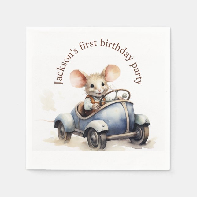 Niedliche Wasserfarbe Maus in Blue Car Erster Gebu Serviette (Vorderseite)